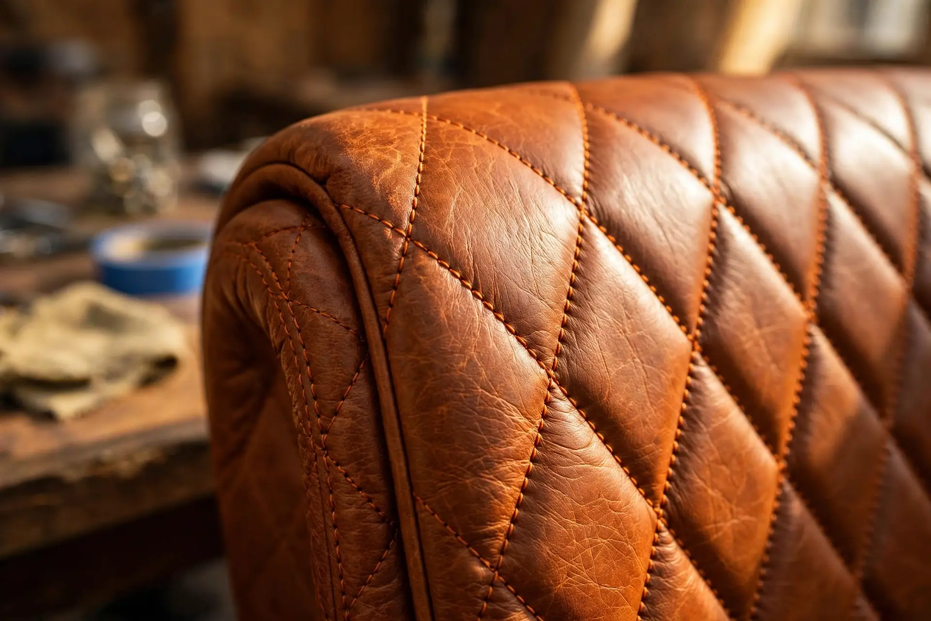 Close-up of a retrimmed car seat in cognac leather with diamond stitching