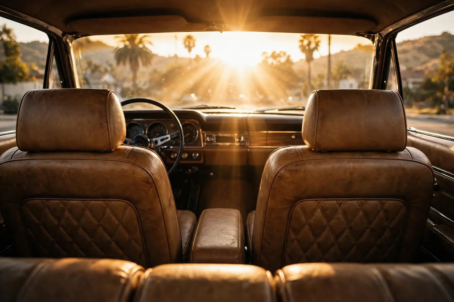 Car cabin interior in tan leather at golden hour