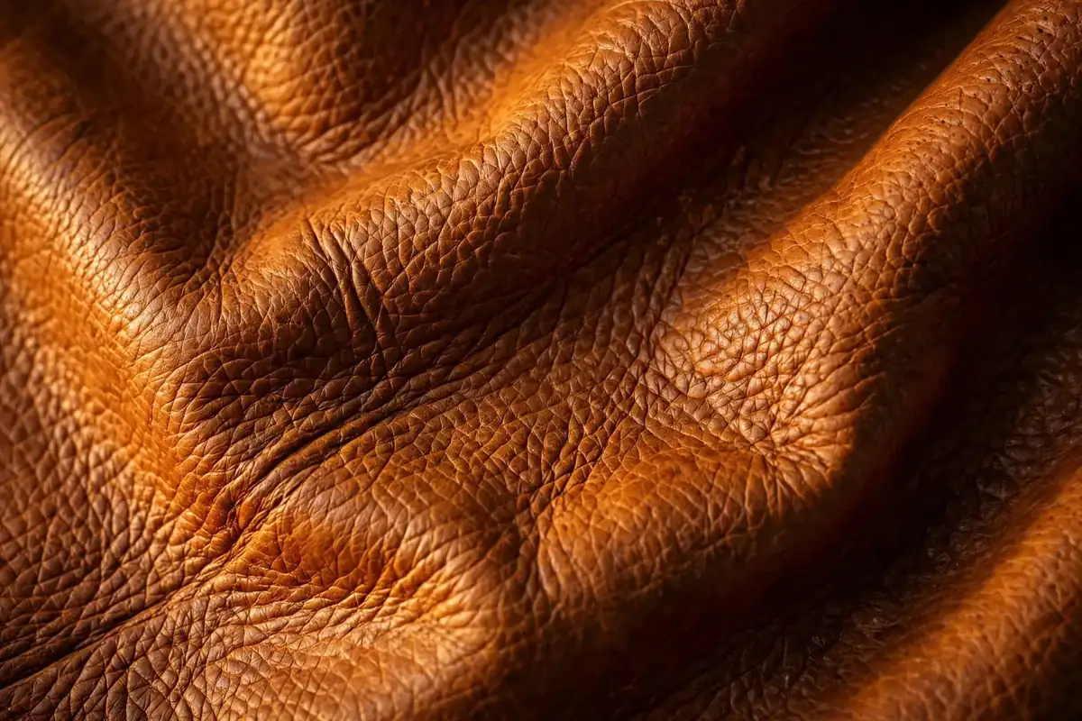 Close-up of full-grain cognac leather