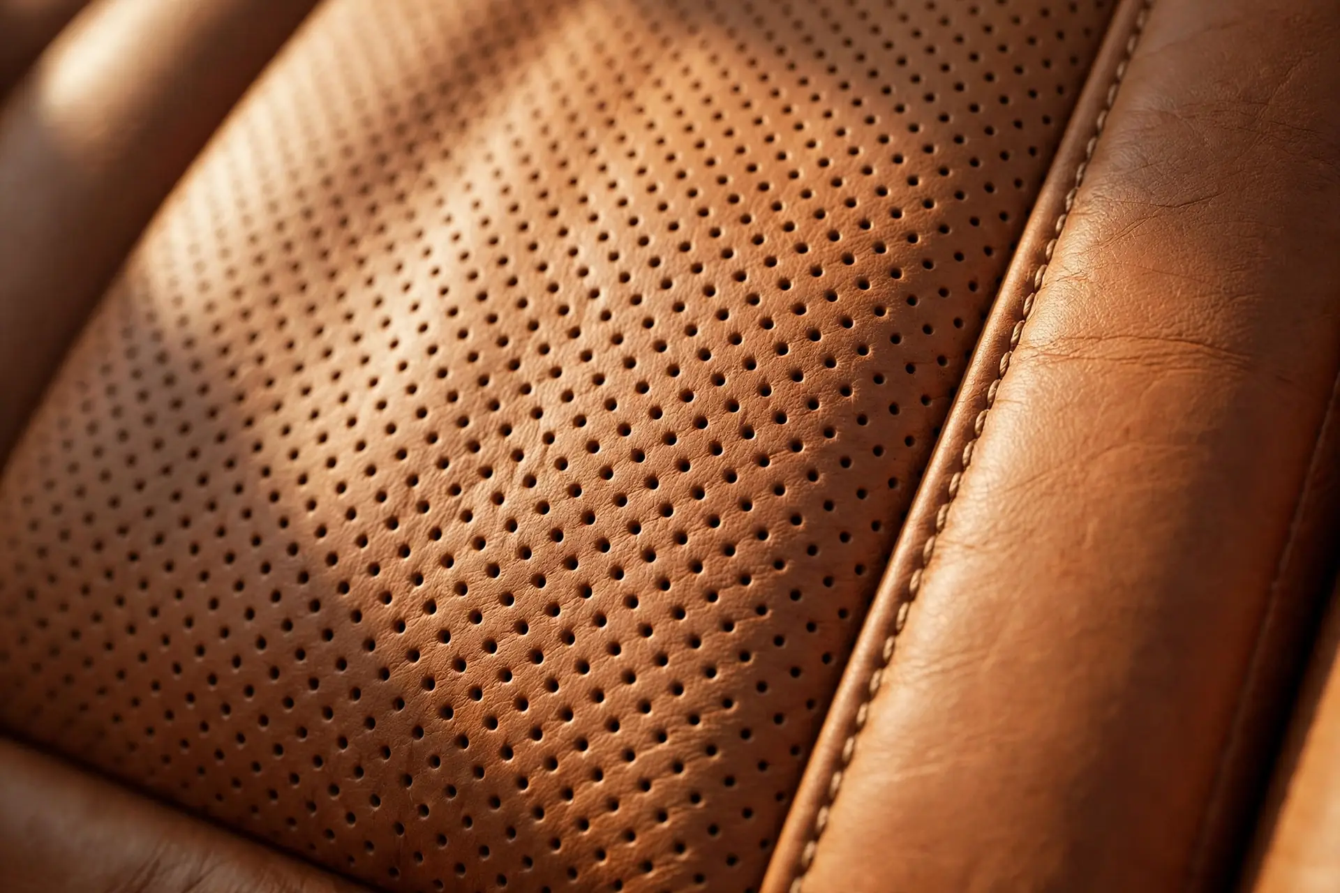 Perforated leather seat insert panel with stitched seam